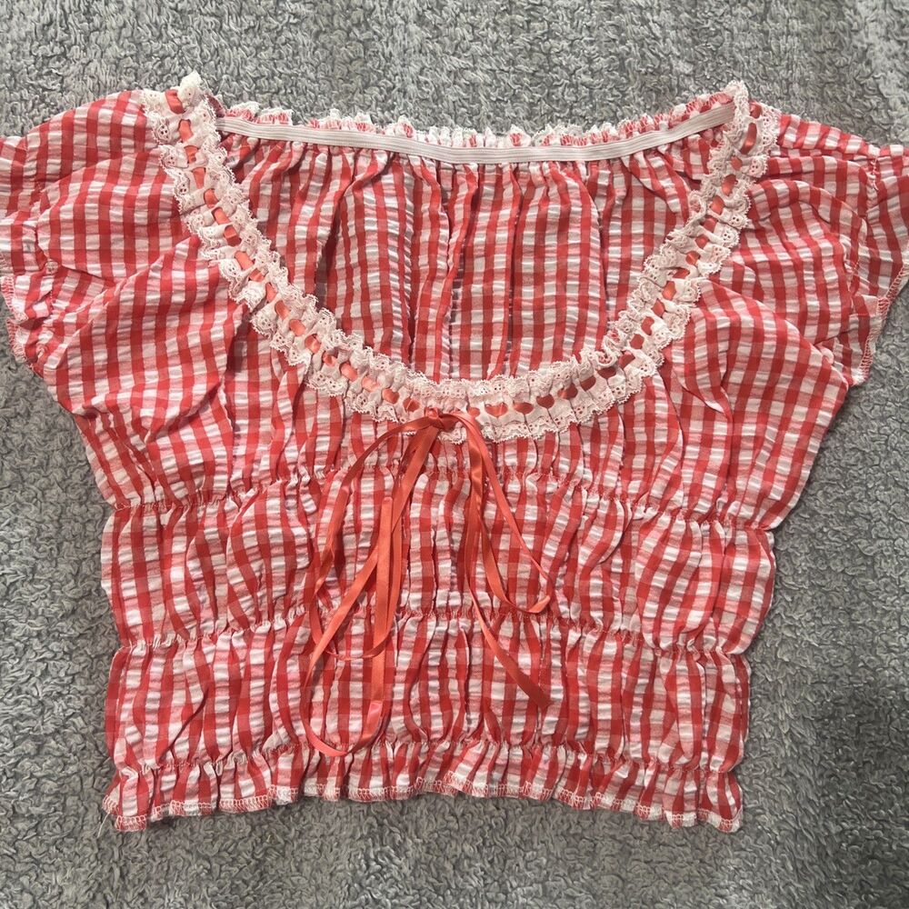 Plaid red and white lace crop top Y2K Feminine Md